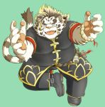  2019 anthro blue_eyes eyewear felid fur glasses humanoid_hands licho_(tas) male mammal overweight overweight_male pantherine simple_background solo tiger tiger_cub tokyo_afterschool_summoners video_games white_body white_fur 