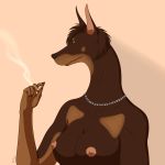  1:1 absurd_res breasts brown_body brown_fur canid canine canis chain cigarette dobermann domestic_dog female fur hair hi_res jewelry kotosk mammal necklace nipple_piercing nipples piercing pinscher smoking solo 