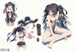  1girl annoyed ass back baronilu bikini bikini_top_only black_bikini black_hair black_jacket black_rock_shooter black_rock_shooter_(character) blue_hair breasts cleavage commentary_request denim denim_shorts fanning_self flying_sweatdrops hot iced_tea jacket navel shorts small_breasts solo stomach swimsuit throwing twintails 
