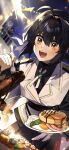  1other ahoge bacon black_hair blush braid braided_ponytail commentary_request egg fate/samurai_remnant fate_(series) food hair_intakes hat highres holding holding_food holding_plate jacket korean_commentary long_hair open_mouth other_focus pancake pancake_stack plate shirt sidelocks single_braid smile solo steak yamabuki_otk yamato_takeru_(fate) 