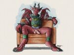 2026 3_toes 4_fingers animal_genitalia animal_penis anklet anthro balls bottomless bottomless_anthro bottomless_male chair claws clothed clothing countershade_balls countershade_crotch countershade_ears countershade_face countershade_genitalia countershade_legs countershade_neck countershade_penis countershade_torso countershading dated digital_drawing_(artwork) digital_media_(artwork) digitigrade dragon feet finger_claws fingers flaccid furniture genitals grey_claws grey_spines head_spines hi_res horn jewelry looking_at_viewer male male_anthro medial_ring membrane_(anatomy) membranous_wings mythological_creature mythological_scalie mythology no_irises penis pink_sclera pupils red_body red_scales samareck scales scalie shaded shadow signature simple_background sitting slit_pupils solo spines toes topwear white_background wing_claws wings wrist_guards