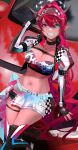  1girl black_choker black_gloves black_horns black_tube_top bloom_(irys) blue_eyes breasts car checkered_print choker cleavage commentary cropped_jacket double_halo fingerless_gloves gloom_(irys) gloves grin hair_intakes hair_ornament halo heart heart_hair_ornament heterochromia highres hololive hololive_english horns irys_(hololive) irys_(race_queenrys)_(hololive) jewelry large_breasts looking_at_viewer loricart01 miniskirt motor_vehicle multicolored_hair navel necklace pink_hair pointy_ears print_tube_top red_streaks skirt smile solo sports_car strapless streaked_hair teeth tube_top visor_cap white_skirt 