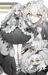  1girl black_bow black_bowtie blush bow bowtie commentary dress flower frilled_dress frilled_skirt frills hair_flower hair_ornament highres indie_virtual_youtuber long_hair multiple_expressions open_mouth shoes skirt smile sofieru sofieru_(artist) white_hair yellow_eyes 