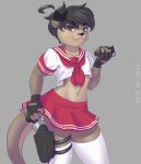  2019 accessory anthro bottomwear bow brown_body brown_fur clothed clothing crossdressing explosives fur girly gloves grenade gun hair hair_accessory hair_bow hair_ribbon handwear hi_res legwear looking_at_viewer lutrine male mammal mr-shin mustelid navel ranged_weapon ribbons simple_background skirt smile solo thigh_highs weapon 