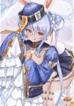  1girl :q animal_ears bent_over blue_dress blue_hair blue_hat blue_sleeves braid bun_with_braided_base commentary_request detached_collar don-chan_(usada_pekora) double_bun dress earrings extra_ears frilled_dress frills ghost glasses hair_bun hat highres hololive jewelry jiangshi_costume long_hair long_sleeves looking_at_viewer maison_de_cante mandarin_collar multicolored_hair official_alternate_costume official_alternate_hairstyle ofuda ofuda_on_head orange_eyes parted_hair pekomon_(usada_pekora) pom_pom_(clothes) pom_pom_earrings qingdai_guanmao rabbit-shaped_pupils rabbit_ears rabbit_girl rabbit_tail round_eyewear short_dress short_eyebrows side_up_bun sleeves_past_fingers sleeves_past_wrists solo symbol-shaped_pupils tail thick_eyebrows thighhighs tongue tongue_out twintails two-tone_hair usada_pekora usada_pekora_(jiangshi) very_long_hair virtual_youtuber white_hair white_thighhighs 