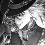  1boy adjusting_clothes adjusting_headwear arm_up boothill_(honkai:_star_rail) close-up commentary cyborg ear_piercing earrings greyscale grin hair_over_one_eye hat highres honkai:_star_rail honkai_(series) jacket jewelry long_hair looking_at_viewer male_focus mingguchuanjiuchong mole mole_under_eye monochrome one_eye_covered piercing sanpaku sharp_teeth shell_casing sheriff_badge smile solo teeth zipper 