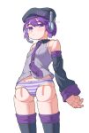  1girl beret black_hat closed_mouth commentary cowboy_shot detached_sleeves doll_joints grey_shirt hat headset highres joints kanbaru_mitsuki long_sleeves looking_at_viewer miniskirt necktie no_pants panties pleated_skirt purple_eyes purple_hair purple_necktie shirt short_hair simple_background skirt sleeveless sleeveless_shirt solo standing striped_clothes striped_panties thighhighs underwear utane_uta utau variant_set white_background 
