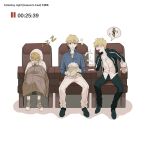  3boys ^^^ bags_under_eyes black_pants black_shoes blonde_hair blue_shirt boots brown_boots brown_jacket bucket chair child child_gilgamesh_(fate) closed_eyes collarbone collared_shirt commentary_request copyright_name cup disposable_cup drinking_straw drooling earrings empty_eyes english_text fate/grand_order fate/hollow_ataraxia fate/stay_night fate_(series) food full_body gilgamesh_(caster)_(fate) gilgamesh_(establishment)_(fate) gilgamesh_(fate) gilgamesh_(immoral_biker_jacket)_(fate) gold_earrings gold_necklace green_pants hair_between_eyes half-closed_eyes holding holding_bucket holding_cup hood hoodie hoop_earrings jacket jewelry long_sleeves looking_at_another looking_at_viewer male_focus multiple_boys multiple_persona necklace nunok official_alternate_costume on_chair open_clothes open_jacket open_mouth pants pause_button popcorn red_eyes shadow shirt shoes short_hair sleeping sleepy smile speech_bubble spoken_character spoken_star spread_legs star_(symbol) t-shirt talking teeth timestamp unworn_jacket v-shaped_eyebrows white_hoodie white_pants white_shirt zzz 