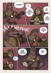 abs anthro armor artist_name bracers brown_body brown_eyes brown_fur canid canine canis clothing comic dialogue duo ears_back english_text erof_(far_beyond_the_world) eyes_closed facepalm far_beyond_the_world_(series) flustered front_view fur ghosty_cult green_clothing green_eyes green_shirt green_topwear green_tunic hand_on_hand hands_in_front hands_on_hips headpat hi_res jewelry laugh leather leather_strap male mammal multiple_scenes muscular navel necklace nipples page_number pawpads pecs pendant pivoted_ears shirt speech_bubble straps surprised suspicious talisin_(far_beyond_the_world) tassets text topwear tunic wolf wraps wrist_wraps
