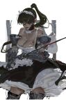  1girl armor armored_boots birch_tree black_dress black_hair blood blood_on_chest blood_on_face blood_on_weapon boots breasts chinese_commentary cleavage commentary cowboy_shot dress eyepatch grey_eyes guideoflothric1 highres holding holding_sword holding_weapon large_breasts long_hair looking_at_viewer lower_teeth_only maid maid_headdress open_mouth original painterly ponytail solo standing sword teeth tree weapon white_background 