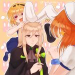  3girls ? ?? animal_background animal_ears ascot black_cape black_hat black_headband blonde_hair blue_wrist_cuffs blush_stickers brown_ascot brown_eyes cape commentary fake_animal_ears gem green_gem hat headband highres higurashi_no_naku_koro_ni houjou_satoko long_hair multiple_girls open_mouth orange_hair rabbit_ears red_eyes ryuuguu_rena takano_miyo theayan1228 twitter_username untranslatable_commentary white_hat wrist_cuffs 