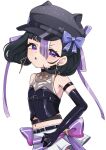  1girl animal_hat bare_shoulders belt belt_buckle black_belt black_gloves black_hair blue_bow bow breasts buckle chiji_komari commentary_request elbow_gloves fang gloves goddess_of_victory:_nikke grey_hat hat hat_bow highres looking_at_viewer midriff mole mole_under_eye multicolored_hair navel newsboy_cap parted_lips purple_eyes purple_hair simple_background skirt small_breasts solo streaked_hair syuen_(nikke) two-tone_hair white_background white_hair white_skirt 