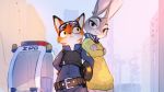  ambiguous_gender anthro armor body_armor building canid canine city clothed clothing disney duo eyewear fox front_view fully_clothed fur grey_body grey_fur head_tuft judy_hopps lagomorph leporid liki looking_at_viewer mammal nick_wilde orange_body orange_fur police_uniform purple_eyes rabbit red_fox role_reversal sunglasses sweater topwear tuft uniform vehicle white_body white_fur zootopia 