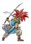  1boy baggy_pants blue_tunic boots brown_boots chrono_trigger crono_(chrono_trigger) fighting_stance full_body furrowed_brow green_eyes green_shirt green_socks gvdygdu headband holding holding_sword holding_weapon katana male_focus muscular muscular_male open_mouth pants red_hair shirt socks solo spiked_hair sword toriyama_akira_(style) tunic weapon white_background white_headband white_pants 