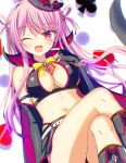  1girl ;d \||/ absurdres ambitious_mission arise_kaguya arm_at_side arm_strap bare_shoulders belt between_breasts black_boots black_cape black_gloves black_hat black_skirt blush boots breasts cape card card_between_breasts cleavage commentary_request crossed_legs curvy dated_commentary dutch_angle elbow_gloves eyes_visible_through_hair feet_out_of_frame fingerless_gloves floating_hair gloves hair_between_eyes hair_intakes hair_rings hand_up happy hat highres large_breasts long_hair looking_at_viewer miniskirt navel one_eye_closed open_mouth phantom_thief pink_hair red_cape red_eyes sakuratoru shiny_skin simple_background sitting skirt smile solo star_(symbol) star_sticker sticker sticker_on_face stomach thighs top_hat two-sided_cape two-sided_fabric two_side_up very_long_hair white_background white_belt 