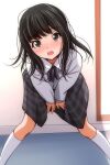  1girl absurdres black_eyes black_hair black_skirt blush brown_eyes collared_shirt commentary_request highres kneehighs leaning_forward legs_apart long_hair long_sleeves looking_at_viewer matsunaga_kouyou neck_ribbon open_mouth original plaid_clothes plaid_skirt purple_ribbon ribbon shirt skirt socks solo teeth upper_teeth_only white_shirt white_socks 