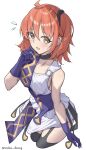  1girl absurdres ahoge ancient_greek_clothes blush breasts commentary_request dress embarrassed fate/grand_order fate/strange_fake fate_(series) fujimaru_ritsuka_(female) gloves goddess_of_war_(fate) greco-roman_clothes hair_ornament hair_scrunchie highres hippolyta_(fate) one_side_up open_mouth orange_hair scrunchie side_ponytail simple_background solo toukan white_background yellow_eyes 