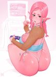  1990s_fashion 1girl abel_(e11e) ass blue_camisole blush breasts camisole colored_skin commentary controller crt e11e earrings english_commentary from_behind g-string game_console game_controller gamecube gamecube_controller highres holding holding_controller holding_game_controller jewelry kirby_(series) kirby_air_ride large_breasts long_hair looking_at_viewer looking_back middle_finger monster_girl no_pants original panties pants pink_hair pink_skin playing_games pointy_ears red_eyes red_nails side-tie_panties sitting slime_girl solo spaghetti_strap television thong underwear unworn_pants white_panties 
