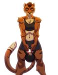  biped black_markings breasts brindle clothed clothing felid female hair mammal markings muscular muscular_female orange_body pantherine rebecca_tanner simple_background solo stripes tiger 