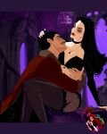  1boy 1girl black_choker black_eyeshadow black_hair black_thighhighs breasts choker cleavage coat commentary crop_top dreadart english_commentary eye_contact eyeshadow facial_hair gomez_addams hug husband_and_wife jewelry long_hair long_sleeves looking_at_another makeup morticia_addams mustache necklace red_coat red_lips short_hair sitting smile the_addams_family thighhighs 