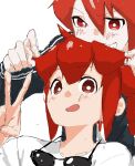  2girls :d adjusting_another's_hair black_jacket blush bright_pupils commentary creator_connection drill_hair eyewear_hang hair_between_eyes highres jacket kamemmmmms kasane_teto liar_dancer_(synthesizer_v) looking_at_another looking_at_viewer multiple_girls red_eyes red_hair shirt smile sunglasses synthesizer_v twin_drills ultra_trailer_(synthesizer_v) unworn_eyewear utau v white_background white_pupils white_shirt 