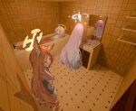  3d_background 3girls 445official animal_ears bathtub blonde_hair blue_archive blush breasts closed_eyes commentary_request fox_ears fox_girl gradient_hair halo hand_on_own_cheek hand_on_own_face highres large_breasts long_hair looking_at_mirror mika_(blue_archive) mirror multicolored_hair multiple_girls nagisa_(blue_archive) naked_towel nude partially_submerged pink_eyes pink_hair reflection seia_(blue_archive) sink tea_party_(blue_archive) tongue tongue_out towel very_long_hair yellow_eyes 