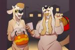  anthro beard big_nose black_nose blonde_hair bovid bovine candy cattle clothed clothing costume duo eyes_closed eyewear facial_hair fangs female food glasses hair halloween happy holidays horn male mammal ritts smile unknown_species 