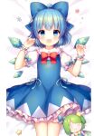  0_0 2girls :3 :d absurdres ahoge bloomers blue_bow blue_eyes blue_hair blush bow bowtie chibi cirno closed_mouth coa_(chroo_x) collared_shirt cowboy_shot daiyousei dress frilled_dress frilled_shirt_collar frilled_wrist_cuffs frills green_hair hair_bow hands_up highres ice ice_wings looking_at_viewer multiple_girls on_bed open_mouth pinafore_dress red_bow red_bowtie shirt short_hair short_sleeves sleeveless sleeveless_dress smile third-party_source touhou white_bloomers white_shirt wings wrist_cuffs 