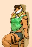  biped black_markings breasts clothed clothing felid female hair mammal markings muscular muscular_female orange_body pantherine rebecca_tanner ritts simple_background solo stripes tiger 