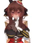  1girl absurdres animal_ears bare_shoulders blush braid braided_hair_rings breasts brown_hair cleavage commentary detached_sleeves dress ear_covers ear_ornament english_commentary gentildonna_(regina_dei_fiori)_(umamusume) gentildonna_(umamusume) gloves hair_between_eyes hair_ornament hair_rings heart-shaped_ornament heart_ear_ornament highres horse_ears horse_girl large_breasts long_hair looking_at_viewer red_eyes shaded_face smile solo teeth umamusume upper_body variant_set white_gloves xkittyzx 