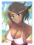  1girl akitukisin bikini black_hair breasts bright_pupils cleavage collarbone commentary_request dark-skinned_female dark_skin highres large_breasts olivia_(pokemon) pink_bikini pink_lips pokemon pokemon_sun_and_moon short_hair smile solo swimsuit upper_body white_pupils 