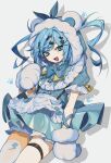  1girl :d absurdres animal_ear_hood animal_ears animal_hands apron aqua_dress arm_at_side bear_ears bloomers blue_eyes blue_hair borrowed_character bow bowtie commission cowboy_shot dress drop_shadow fang flat_chest fur-trimmed_hood fur_trim gloves hair_through_hood hamita_(rikopin_ika) hand_up happy highres hood hood_up indie_virtual_youtuber legs_together looking_at_viewer maid_apron open_mouth pale_skin paw_gloves puffy_short_sleeves puffy_sleeves second-party_source short_sleeves smile solo thigh_strap thighhighs twintails white_background white_thighhighs wind wind_lift yushiro_pirika 