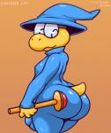  2019 anthro big_butt blue_clothing bulge butt clothing eyewear fluffyfrumples glasses holding_object koopa koopa_troopa magikoopa male mario_bros nintendo reptile scalie simple_background solo spandex tight_clothing video_games wand yellow_body yellow_skin 