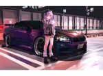  1girl absurdres beret black_hat black_shoes black_skirt car collared_shirt commentary full_body green_eyes grey_shirt grey_socks hair_bun hat high-waist_skirt highres hololive horned_hat long_hair looking_to_the_side motor_vehicle night nissan nissan_skyline nissan_skyline_gt-r nissan_skyline_r34 nougat_(no_9ada) o-ring outdoors parking_lot platform_shoes purple_car purple_hair security_camera shirt shoes signature single_side_bun skirt sleeveless sleeveless_shirt sneakers socks solo spoiler_(automobile) stance_(vehicle) thigh_strap tokoyami_towa tokoyami_towa_(jirai_kei) untranslatable_commentary vehicle_focus very_long_hair virtual_youtuber 