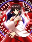  1girl absurdres ascot between_fingers bow brown_eyes brown_hair closed_mouth commentary_request detached_sleeves frilled_bow frilled_hair_tubes frills gohei hair_bow hair_tubes hakurei_reimu highres holding holding_gohei holding_ofuda kusaka44 long_hair looking_at_viewer ofuda ofuda_between_fingers orb red_bow red_skirt reimu_day ribbon-trimmed_sleeves ribbon_trim skirt skirt_set solo touhou yellow_ascot yin_yang yin_yang_orb 