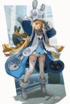  1girl ;p absurdres adjusting_clothes adjusting_headwear arms_up artist_name bangboo_(zenless_zone_zero) blonde_hair blue_eyes blue_jacket boots breasts cleavage commentary_request eous_(zenless_zone_zero) full_body garter_straps gloves grey_boots grey_gloves grey_hat hands_on_headwear hat highres jacket long_hair long_sleeves looking_at_viewer norma_(zenless_zone_zero) one_eye_closed outdoors rattish_(rattish_ra) shoes shorts small_breasts smile sweat thighhighs tongue tongue_out very_long_hair white_garter_straps white_shoes white_shorts white_thighhighs zenless_zone_zero 