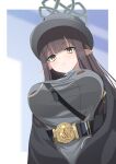  1girl belt black_belt blue_archive blue_background blunt_bangs border breasts brown_eyes brown_hair closed_mouth commentary_request dress eko grey_dress grey_halo grey_hat grey_jacket halo hat highres jacket large_breasts long_hair looking_at_viewer misuzu_(blue_archive) pointy_ears police police_uniform policewoman smile solo upper_body white_border 