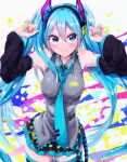  1girl abstract_background aqua_eyes aqua_hair aqua_nails aqua_necktie bare_shoulders blue_eyes blush breasts closed_mouth collared_shirt colorful_background commentary detached_sleeves english_commentary grey_shirt hair_between_eyes hair_ornament hands_up hatsune_miku headset highres long_hair long_sleeves looking_at_viewer nail_polish najuco_(naju0517) necktie pleated_skirt shirt skirt sleeveless sleeveless_shirt smile solo splatter thighhighs twintails very_long_hair vocaloid zettai_ryouiki 