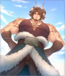  1boy abs animal_ears artist_name bara beard blue_sky brown_hair brown_pants brown_shirt cloud cow_boy cow_ears cow_horns earrings english_commentary facial_hair freogedul from_below hands_on_own_hips highres horn_belt horns indie_virtual_youtuber jewelry lightoss looking_at_viewer looking_down male_focus multiple_scars muscular muscular_male pants pectorals scar scar_across_eye scar_on_arm scar_on_face scar_on_shoulder shirt sky smile watermark 