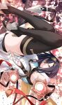  1girl absurdres aiming amber_(stella_sora) armpit_crease ass bare_shoulders black_boots black_hair black_leotard boots closed_mouth commentary_request determined dual_wielding frown gun handgun headpiece high_heel_boots high_heels highres holding leotard leotard_under_clothes looking_at_viewer medium_hair oriue_wato solo stella_sora tabard thigh_boots thighs upside-down weapon white_tabard yellow_eyes 