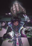  1boy black_hair blood blood_splatter blush buttons checkered_clothes checkered_scarf chessboard commentary danganronpa_(series) danganronpa_v3:_killing_harmony dark_background death flipped_hair grin hair_between_eyes highres horror_(theme) long_sleeves looking_at_viewer lying male_focus multicolored_buttons multiple_boys multiple_expressions narrowed_eyes oma_kokichi on_back on_side open_mouth pants pink_blood purple_eyes purple_hair scared scarf short_hair smile smirk standing surreal symbolism teeth thigh_strap tile_floor tiles tsutsumi-yaki_hanbagu-ya-san_netabare two-tone_scarf wide-eyed 