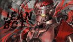  1boy armor artist_name castlings character_name english_text full_armor glowing glowing_eyes grey_background jean-bot looking_ahead male_focus mecha mecha_focus multicolored_armor no_humans red_armor red_background robot splatter_background tokusatsu two-tone_armor two-tone_background ultra_galaxy_(series) ultra_series ultraman_zero_the_movie_choukessen!_belial_ginga_teikoku upper_body white_armor yellow_eyes 