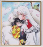  1girl 2boys :| armor bald barefoot black_armor black_eyes black_hair black_hat bow breastplate brown_eyes brown_hair carrying checkered_clothes checkered_kimono chikoto_(kztc4472) child child_carry clenched_hand closed_mouth cloud cloudy_sky colored_sclera colored_skin commentary commentary_request crescent crescent_facial_mark day dot_nose facial_mark forehead_mark fur_shawl green_skin hair_between_eyes hat hexagon highres inuyasha jaken japanese_clothes kikkoumon kimono long_hair long_sleeves looking_at_another looking_at_viewer multiple_boys orange_kimono outdoors parted_bangs partial_commentary petals photo_(medium) picture_frame pink_petals pointy_ears pointy_nose rin_(inuyasha) sash sesshoumaru shawl shoulder_spikes sky slit_pupils smile spikes staff traditional_media two-tone_kimono waist_sash whisker_markings white_hair white_kimono wispy_bangs yellow_eyes yellow_kimono yellow_sclera 