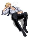  1boy bare_pectorals belt belt_buckle black_belt black_necktie black_pants black_socks blonde_hair blue_eyes buckle cigarette collarbone commentary curly_eyebrows english_commentary facial_hair foggy_sparrow goatee grin hair_over_one_eye heart highres holding holding_cigarette lying male_focus necktie on_back one_eye_covered one_piece pants parted_hair partially_open_shirt pectorals pinstripe_pattern pinstripe_shirt sanji_(one_piece) shirt smile smoke smoke_trail socks solo undone_necktie 