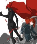  2girls ahoge behind_another black_jacket black_skin bleeding blood blood_from_forehead blood_on_face cape colored_skin commentary_request creator_connection drill_hair dust highres irregular_man_(synthesizer_v) jacket kamemmmmms kasane_teto long_hair looking_at_another multiple_girls red_cape red_hair shirt smoke standing synthesizer_v thumbs_up twin_drills ultra_trailer_(synthesizer_v) utau white_shirt 