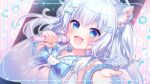  1girl :d animal_ears asakura_mashiro blue_bow blue_eyes bow brooch cat_ears commission detached_sleeves detached_wings hair_ornament hands_up happy highres holding holding_microphone indie_virtual_youtuber jewelry light_blush long_hair long_sleeves looking_at_viewer microphone mini_wings music open_hand open_mouth outline plaid_clothes plaid_sailor_collar reaching reaching_towards_viewer sailor_collar second-party_source singing skeb_commission smile solo sparkle two_side_up upper_body white_hair white_outline white_sleeves wing_hair_ornament wings yuiki_yuu 
