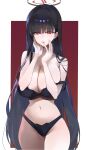  1girl absurdres bare_shoulders black_bra black_hair black_halo black_panties blue_archive blunt_bangs blush bra breasts bright_pupils cleavage commentary dokshuri groin halo highres large_breasts long_hair looking_at_viewer multicolored_halo navel panties parted_lips red_eyes red_halo rio_(blue_archive) solo thighs two-tone_halo underwear very_long_hair white_pupils 