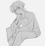  1boy absurdres alternate_costume anthemspices bespectacled blunt_ends book casual choppy_bangs closed_mouth collared_shirt contemporary expressionless genshin_impact glasses greyscale hand_on_own_face hand_up highres holding holding_book long_sleeves looking_at_viewer male_focus monochrome pants scaramouche_(genshin_impact) shirt sitting sketch solo white_background 