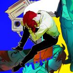  2girls ahoge black_jacket black_pants creator_connection drill_hair film_strip hair_between_eyes hand_on_another's_back hands_on_own_head highres huan1034097 jacket kasane_teto liar_dancer_(synthesizer_v) looking_at_another multiple_girls open_clothes open_jacket pants red_eyes red_hair shirt synthesizer_v twin_drills ultra_trailer_(synthesizer_v) utau white_shirt 