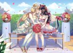  2girls animal_ears blonde_hair blush breasts brown_hair catgirl cleavage clouds dress flowers kiss long_hair original pinb rose shoujo_ai sky tail thighhighs twintails watermark wedding wedding_attire 